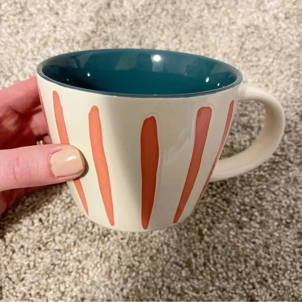Opal House striped pink turquoise ceramic stoneware coffee mug - Picture 4 of 9